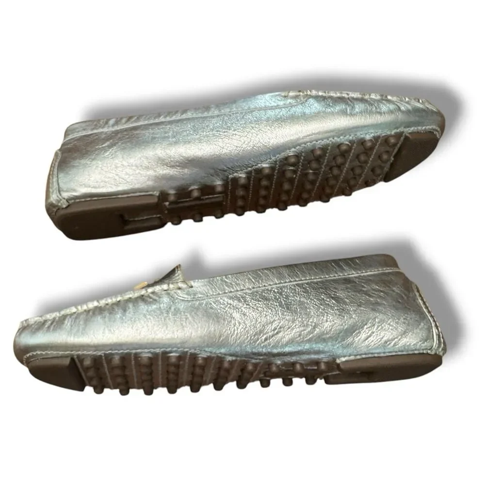 Tory Burch Everly Silver Metallic Leather Shoe Logo Luxury Slip On Women’s Sz 9